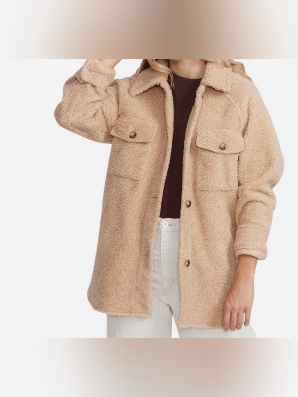 bagatelle Beige Sherpa Shacket with Button Front